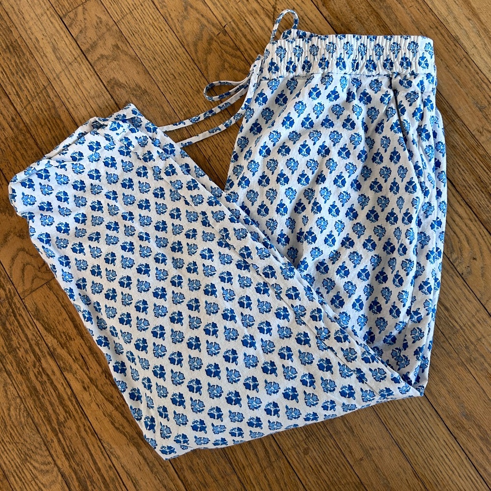 J. CREW size 14 elastic waist cotton pants comfy casual blue flowers